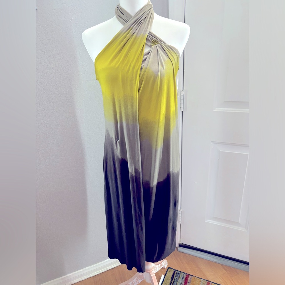 Max Mara | EUC size 40 | green dip dye midi dress, asymmetrical neck + unique